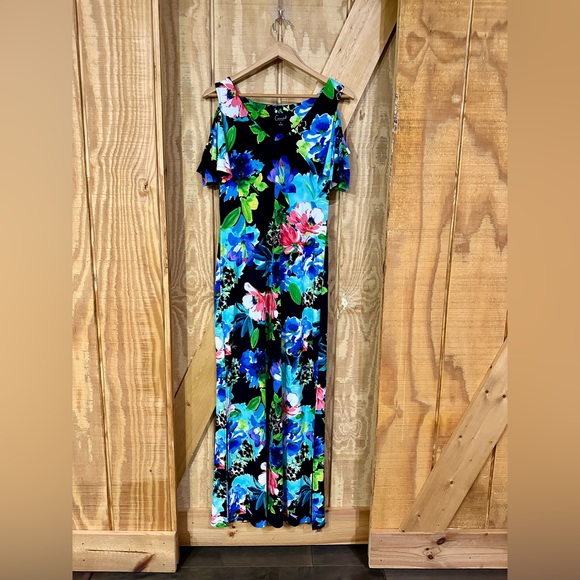 connected apparel Dresses & Skirts - CONNECTED APPAREL Floral Cold Shoulder Slit Sheath Maxi Dress